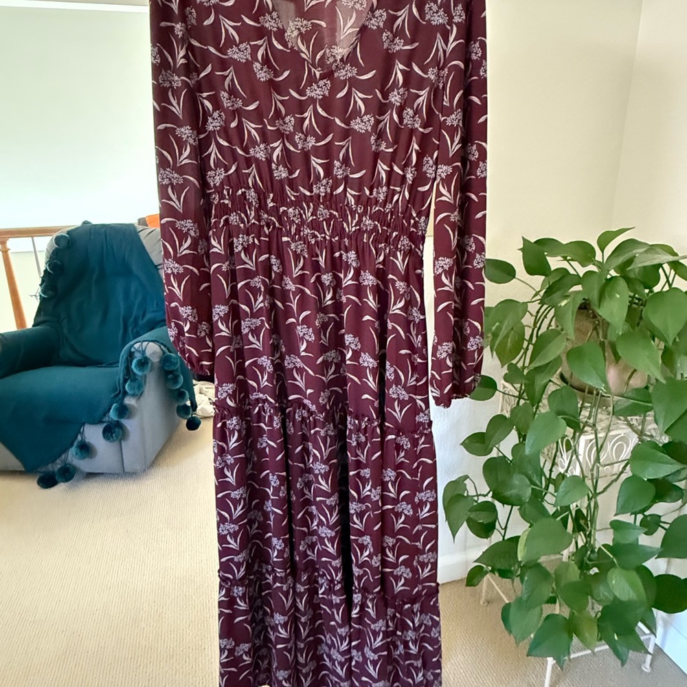 Roolee Maroon Floral Long Sleeve Dress